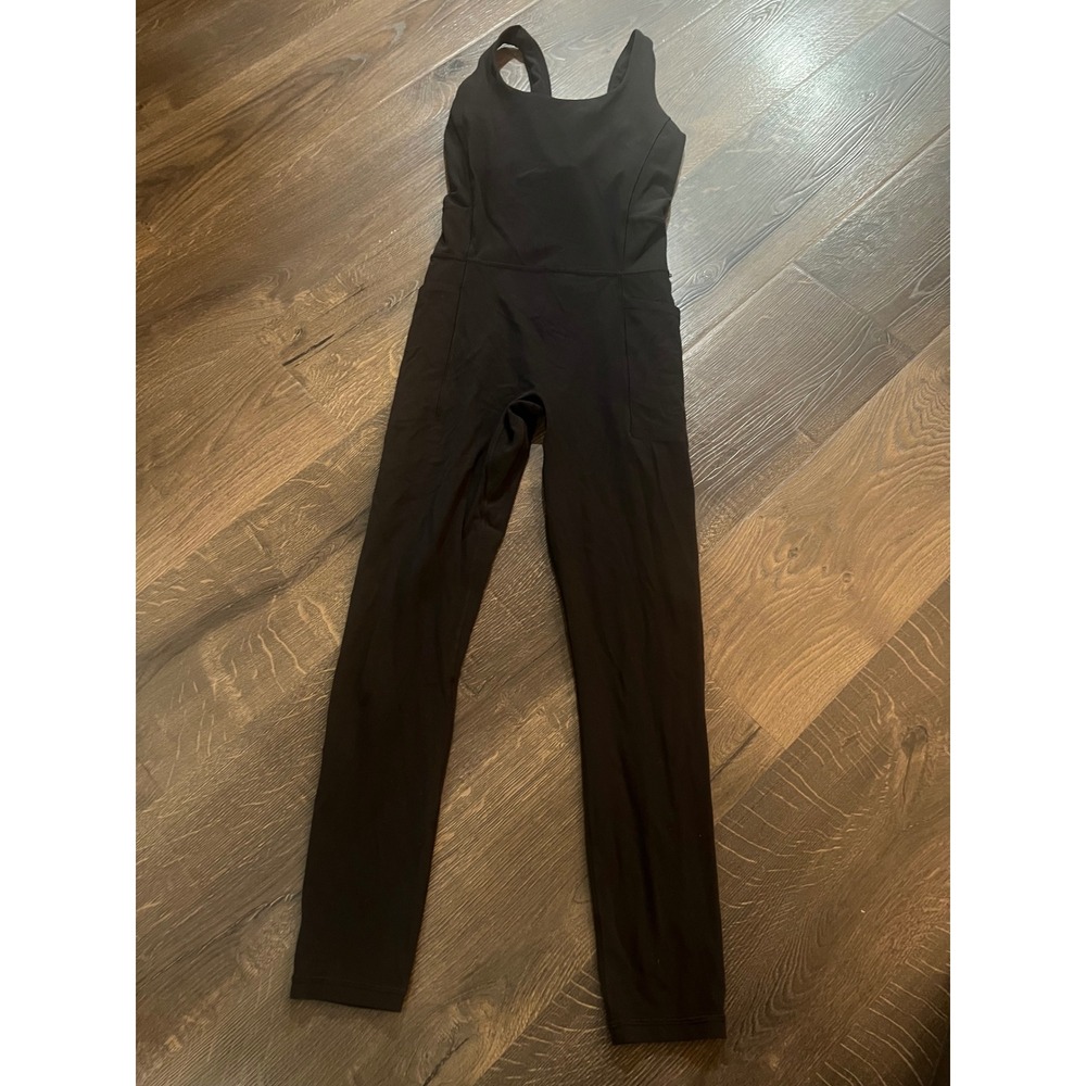 Athleta Salutation Bodysuit Black Powervita Yoga Jumpsuit Small Tall Pockets - Picture 2 of 6